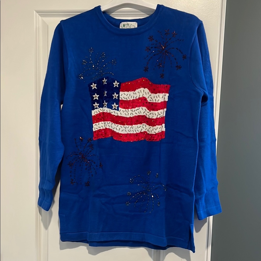 Quacker Factory Blue and Red Long Sleeve Patriotic Sweater